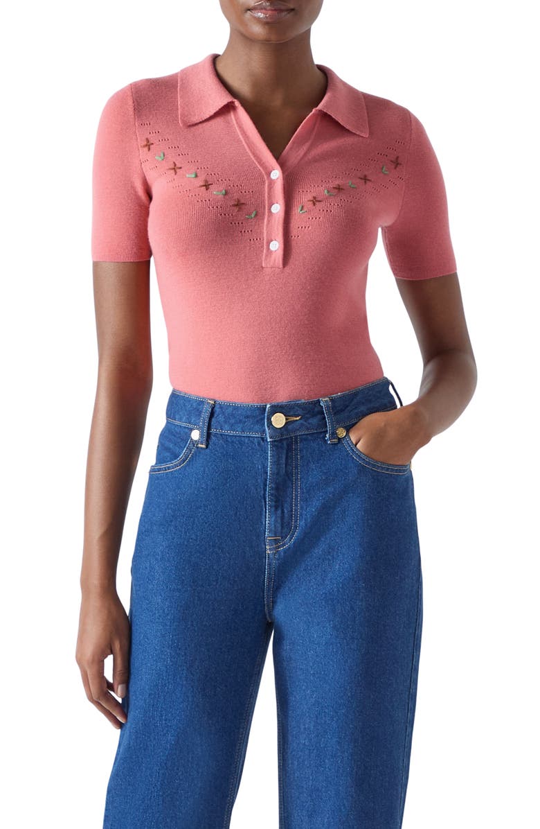LK Bennett Fiona Embroidered Pointelle Cotton & Wool Polo Sweater, Main, color, 