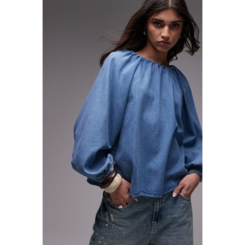 Shop Topshop Puff Sleeve Denim Shirt