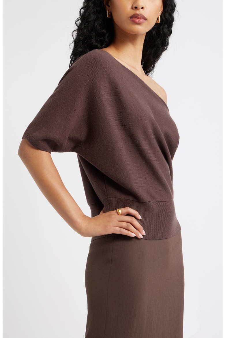 One-Shoulder Short Sleeve Sweater, Alternate, color, BROWN SEAL