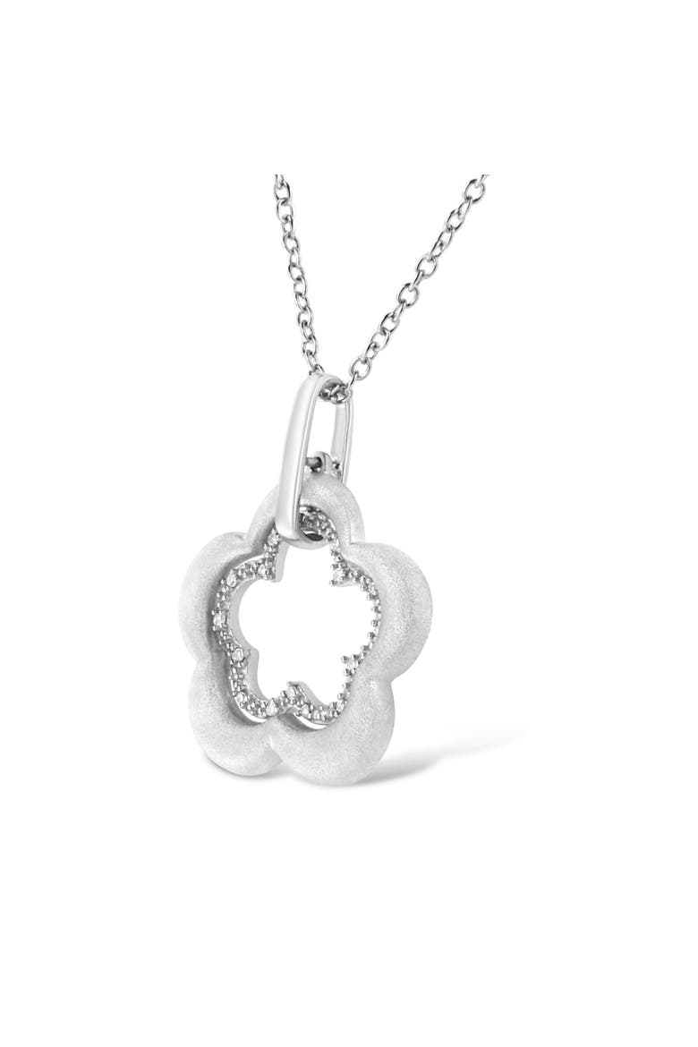 Matte Finished Silver Diamond Accent Double Flower Shape Satin Pendant Necklace, Alternate, color, White