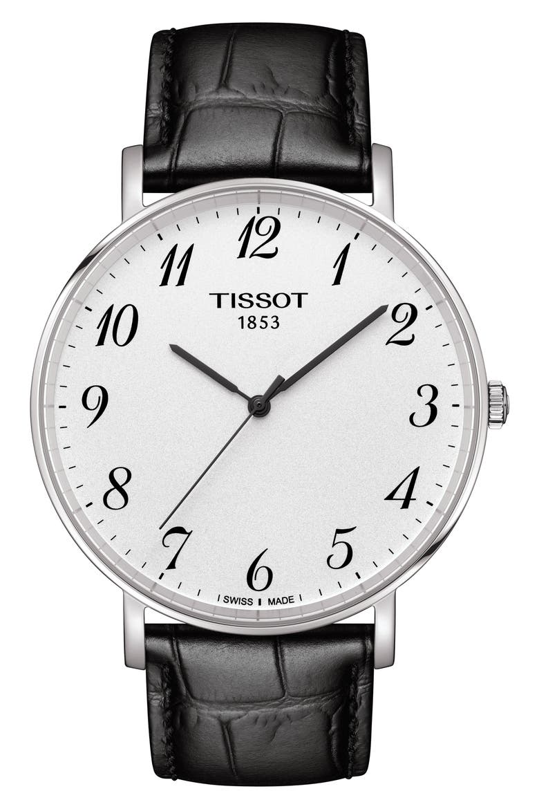 Everytime Leather Strap Watch, 42mm, Main, color, BLACK/ WHITE/ SILVER
