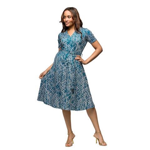 Maternity Teal Print Short Sleeve Tie Waist Midi Dress