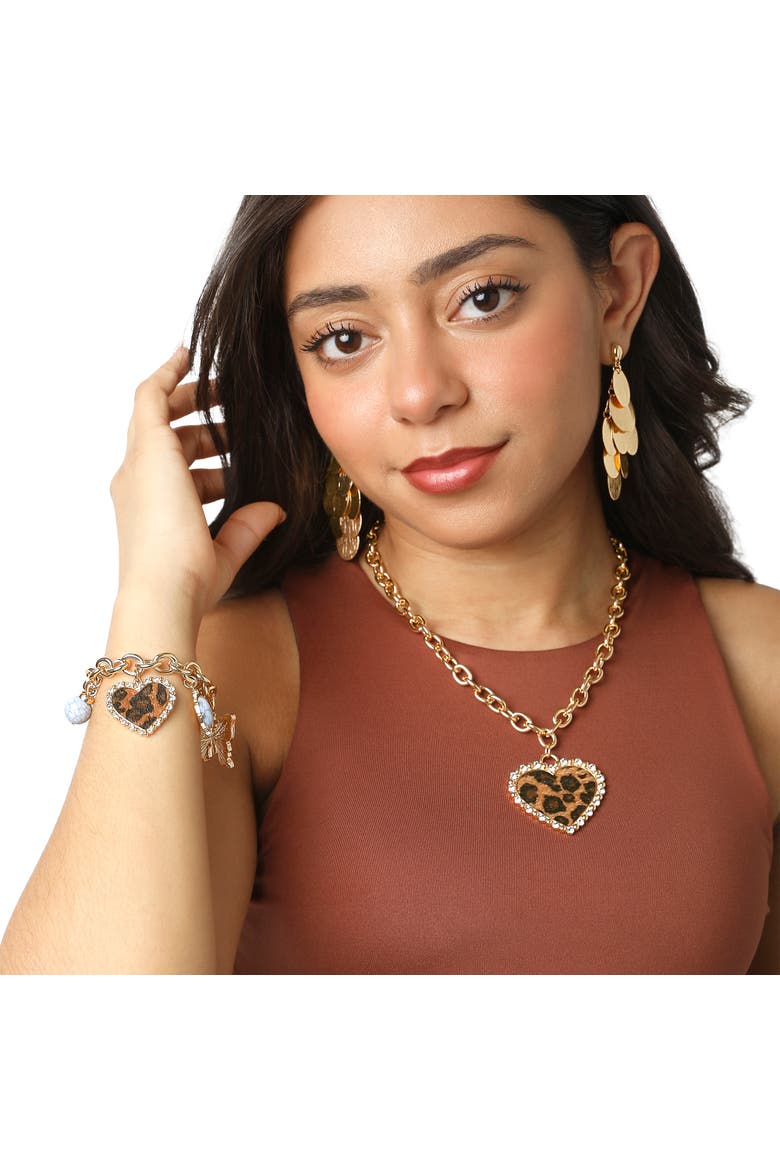 Crystal and Cheetah-Print Butterfly and Heart Charm Bracelet for Women 7.5", Gold-Tone, 5 Charms, Alternate, color, Gold-Tone