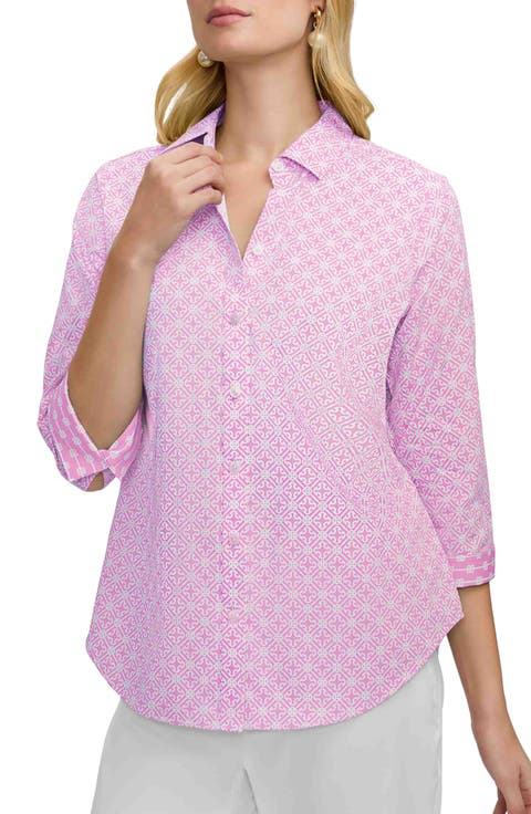 Margie Geo Lattice Three-Quarter Sleeve Button-Up Shirt