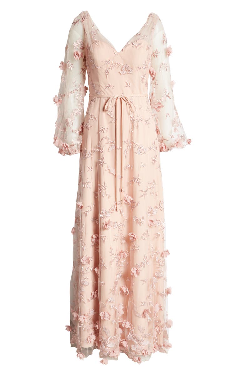 Marchesa Notte Embroidered Floral Appliqué Illusion Long Sleeve Sleeve Gown, Alternate, color,