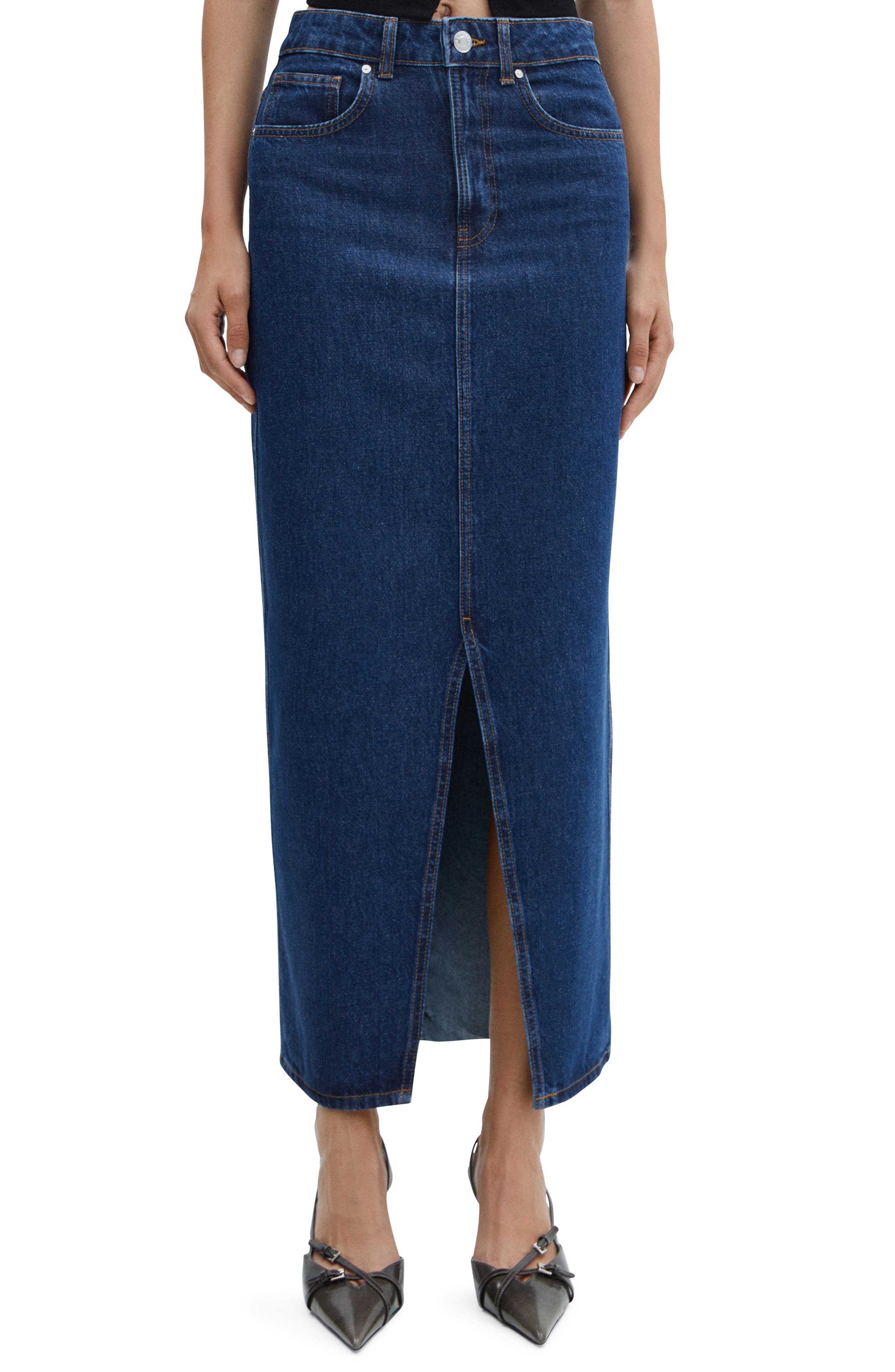 MANGO Front Slit Denim Midi Skirt (Women) | Nordstromrack