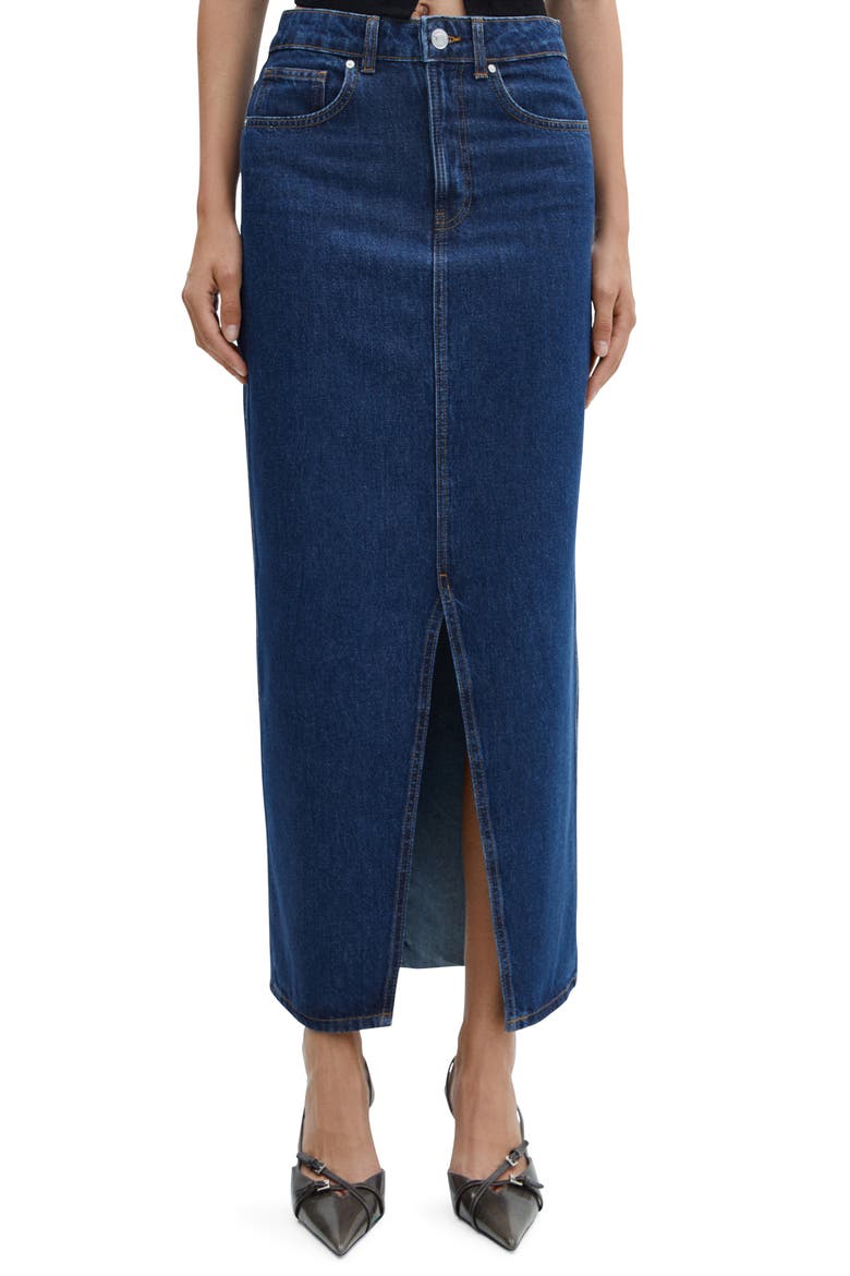 Front Slit Denim Midi Skirt, Main, color, DARK BLUE