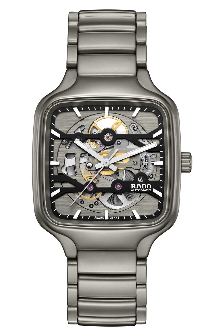 True Square Skeleton Automatic Ceramic Bracelet Watch, 38mm, Main, color, GRAY