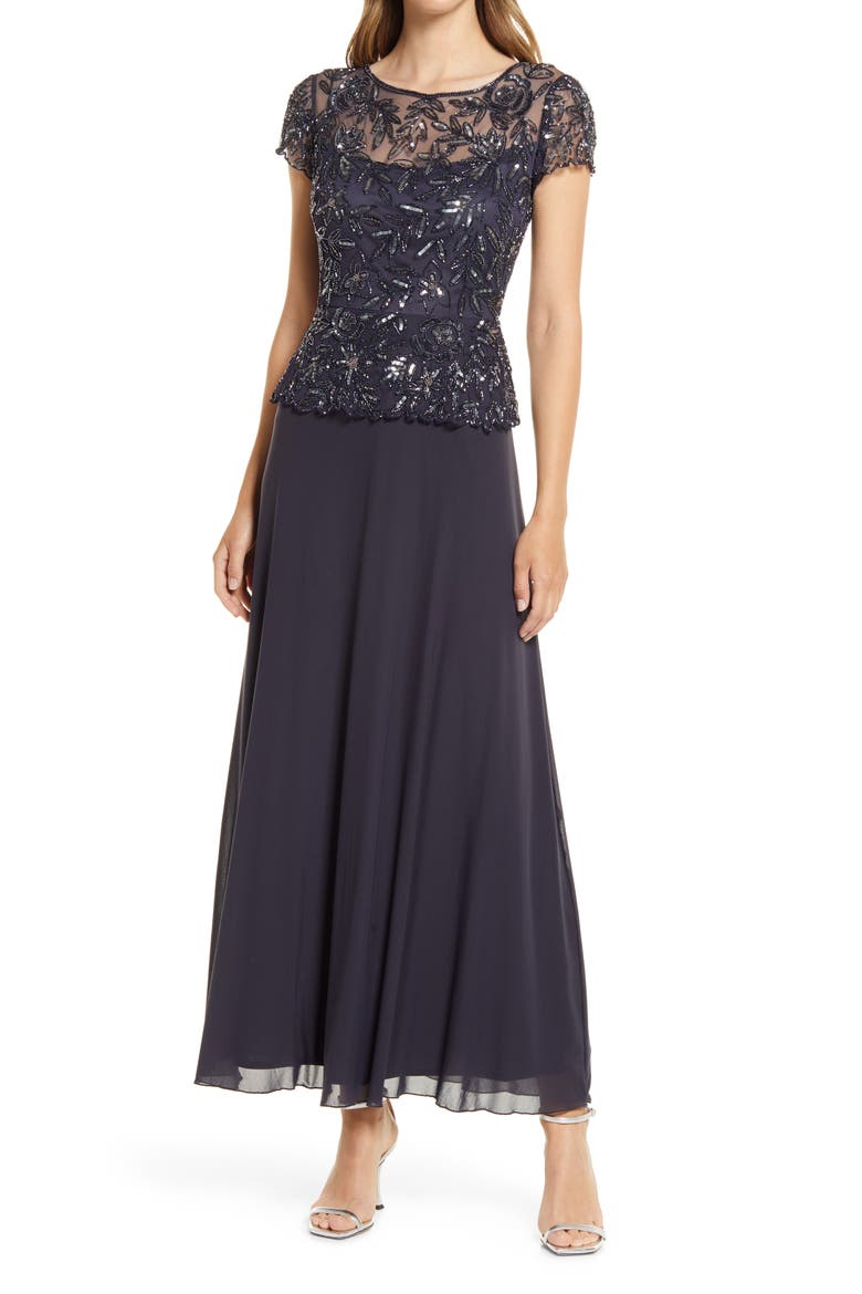 Beaded Mesh Mock Two-Piece Gown, Alternate, color, SLATE