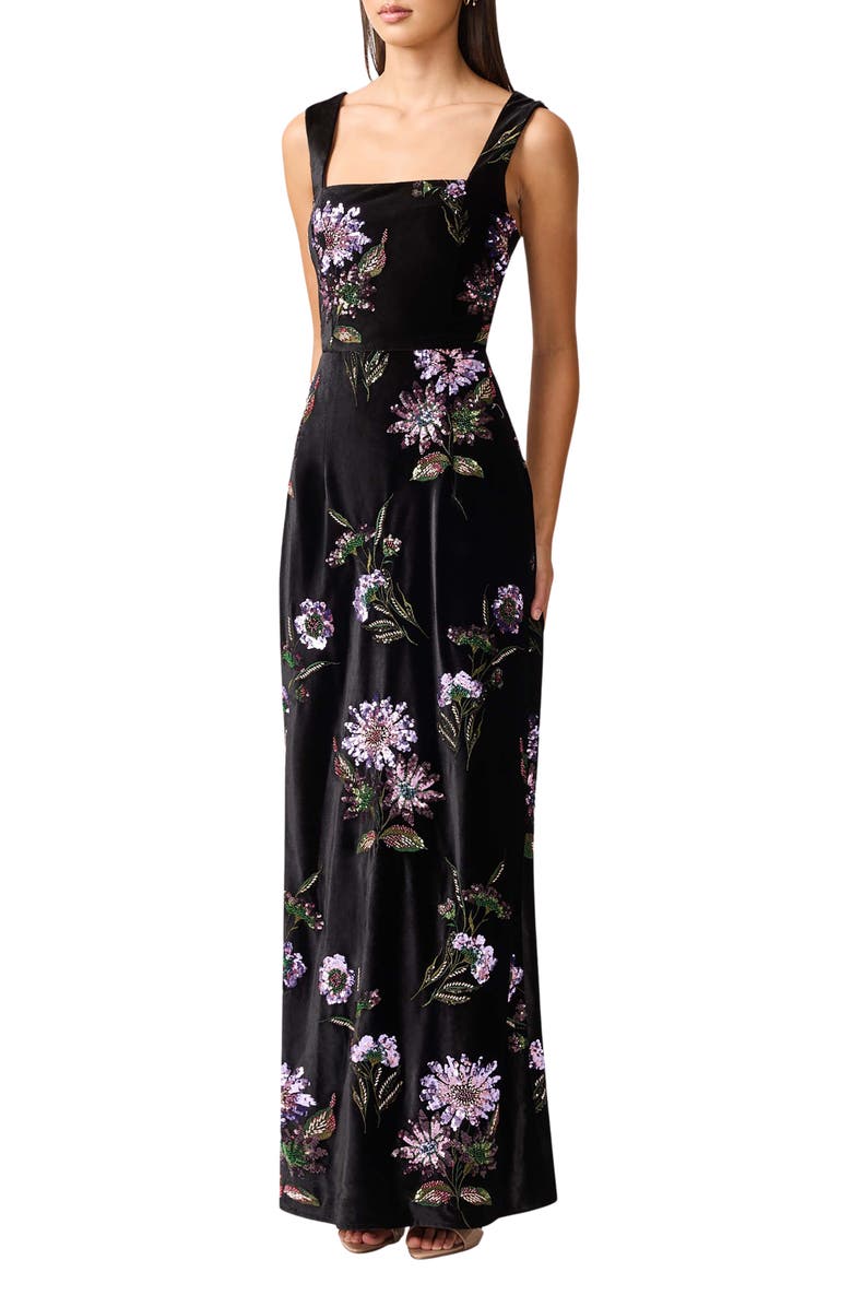Elliatt Clio Embellished Velvet Sheath Gown, Alternate, color, Black Multi