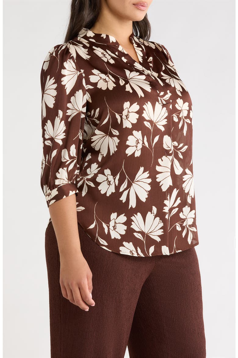 Floral Split Neck Top, Alternate, color, DARK CHOCOLATE/ WHITE