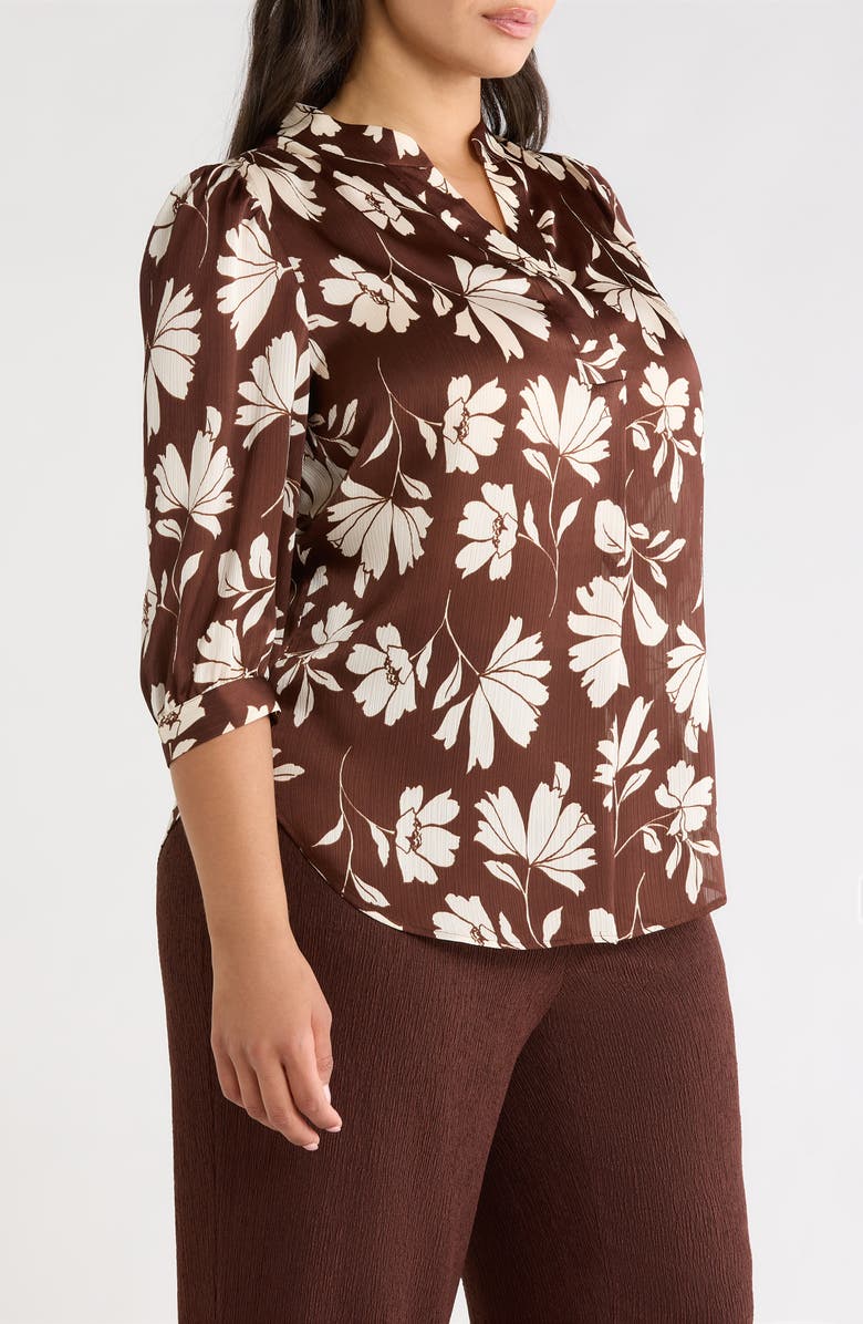 Anne Klein Floral Split Neck Top, Alternate, color, Dark Chocolate/ White