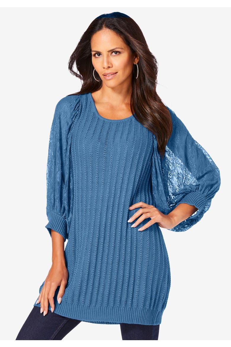 Lace Sleeve Sweater (plus), Alternate, color, DUSTY INDIGO