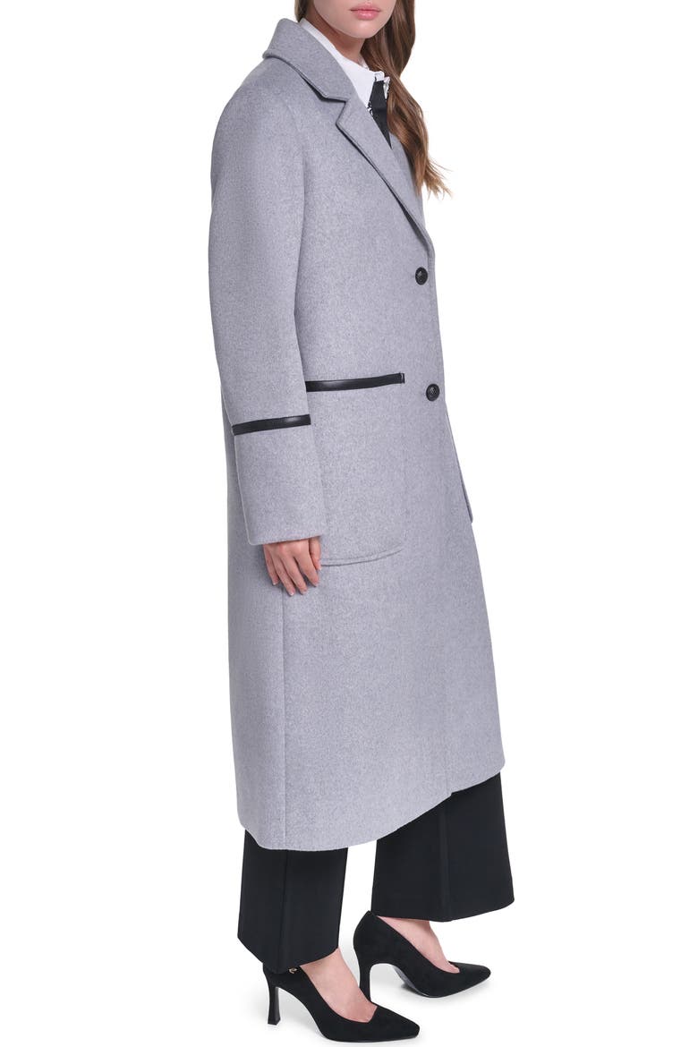 Single Breasted Coat with Faux Leather Trim, Alternate, color, LIGHT HEATHER GREY