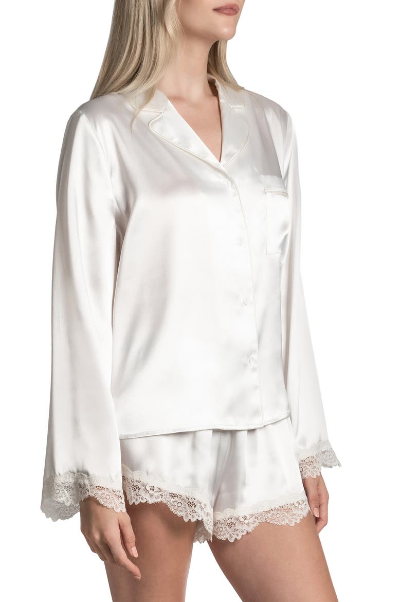 Felicity Lace Trim Long Sleeve Satin Shorts Pajamas, Alternate, color, OFF WHITE
