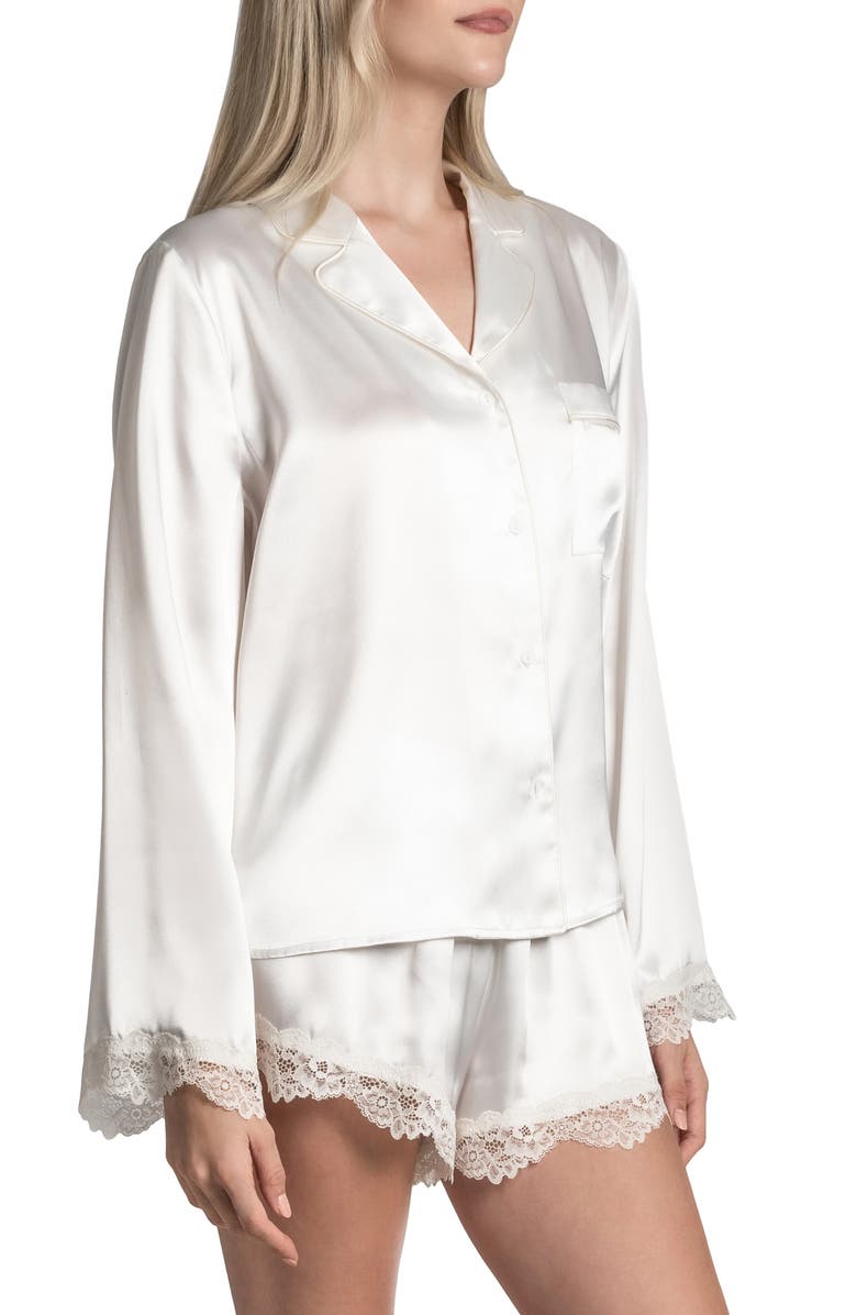 In Bloom by Jonquil Felicity Lace Trim Long Sleeve Satin Shorts Pajamas, Alternate, color, Off White