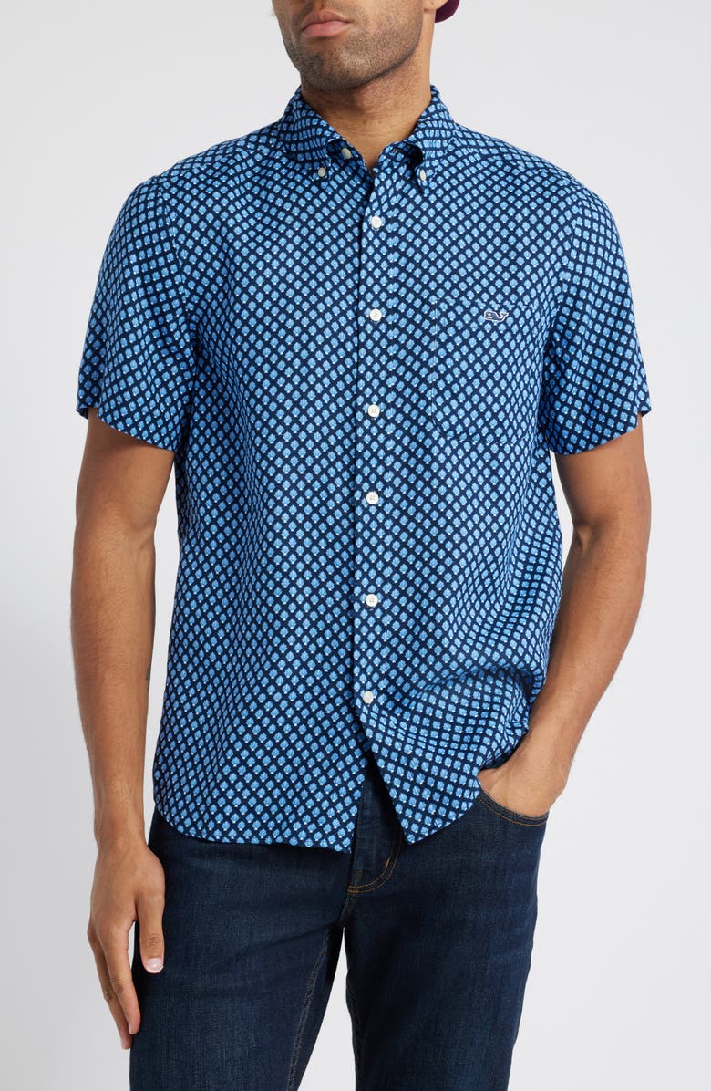 vineyard vines Micro Shell Print Short Sleeve Linen Button-Down Shirt, Main, color, 