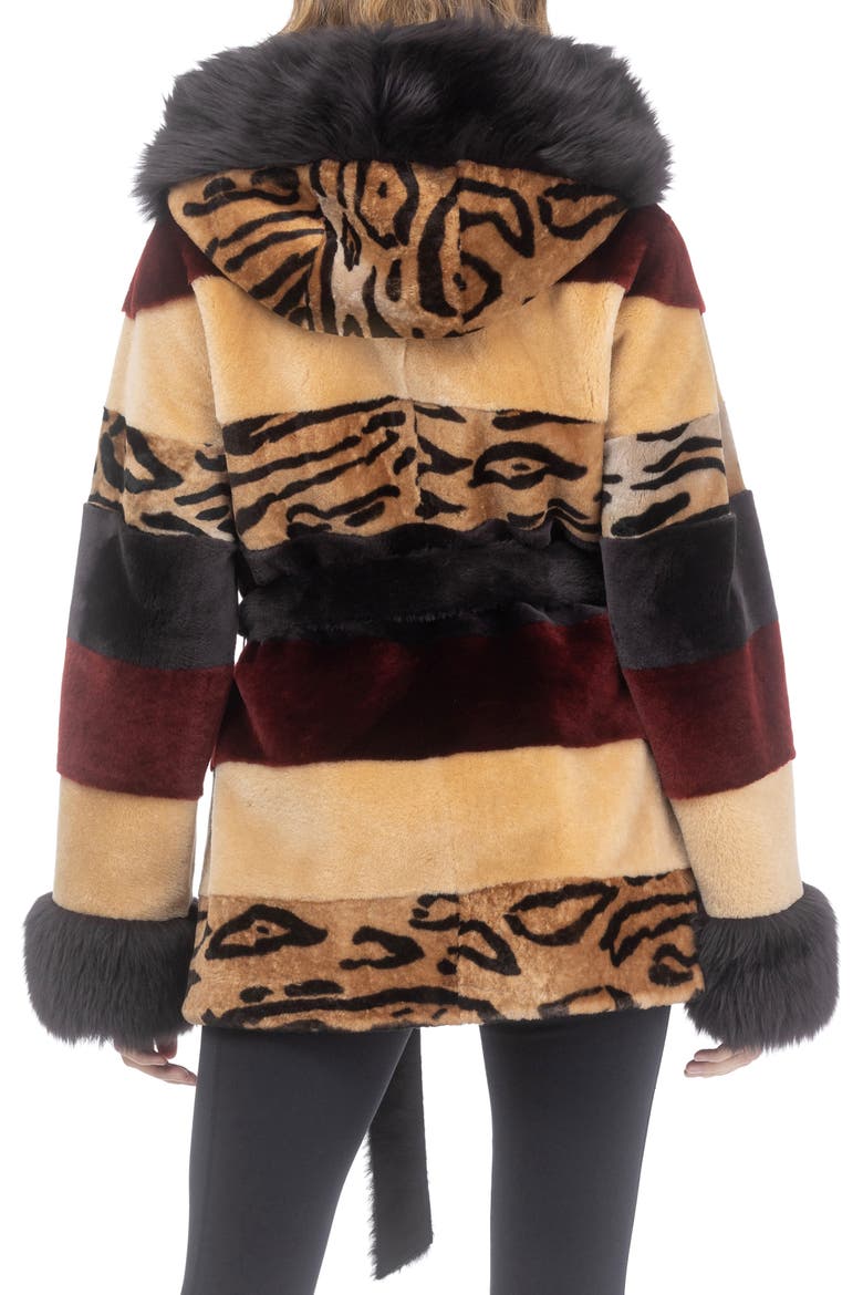 Genuine Shearling Parka with Genuine Shearling Hood Trim & Cuffs, Belt, Alternate, color, WINE/CAMEL/OCELO PRINT/BROWN