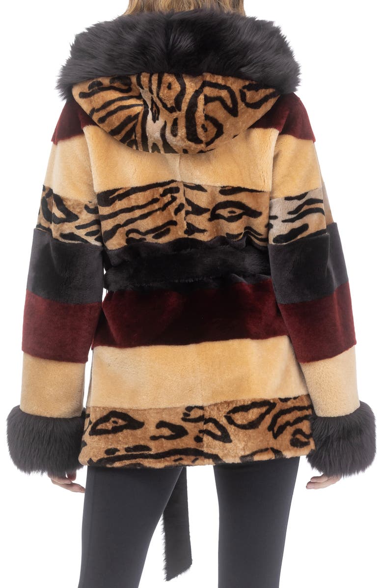 GORSKI Genuine Shearling Parka with Genuine Shearling Hood Trim & Cuffs, Belt, Alternate, color, Wine/Camel/Ocelo Print/Brown