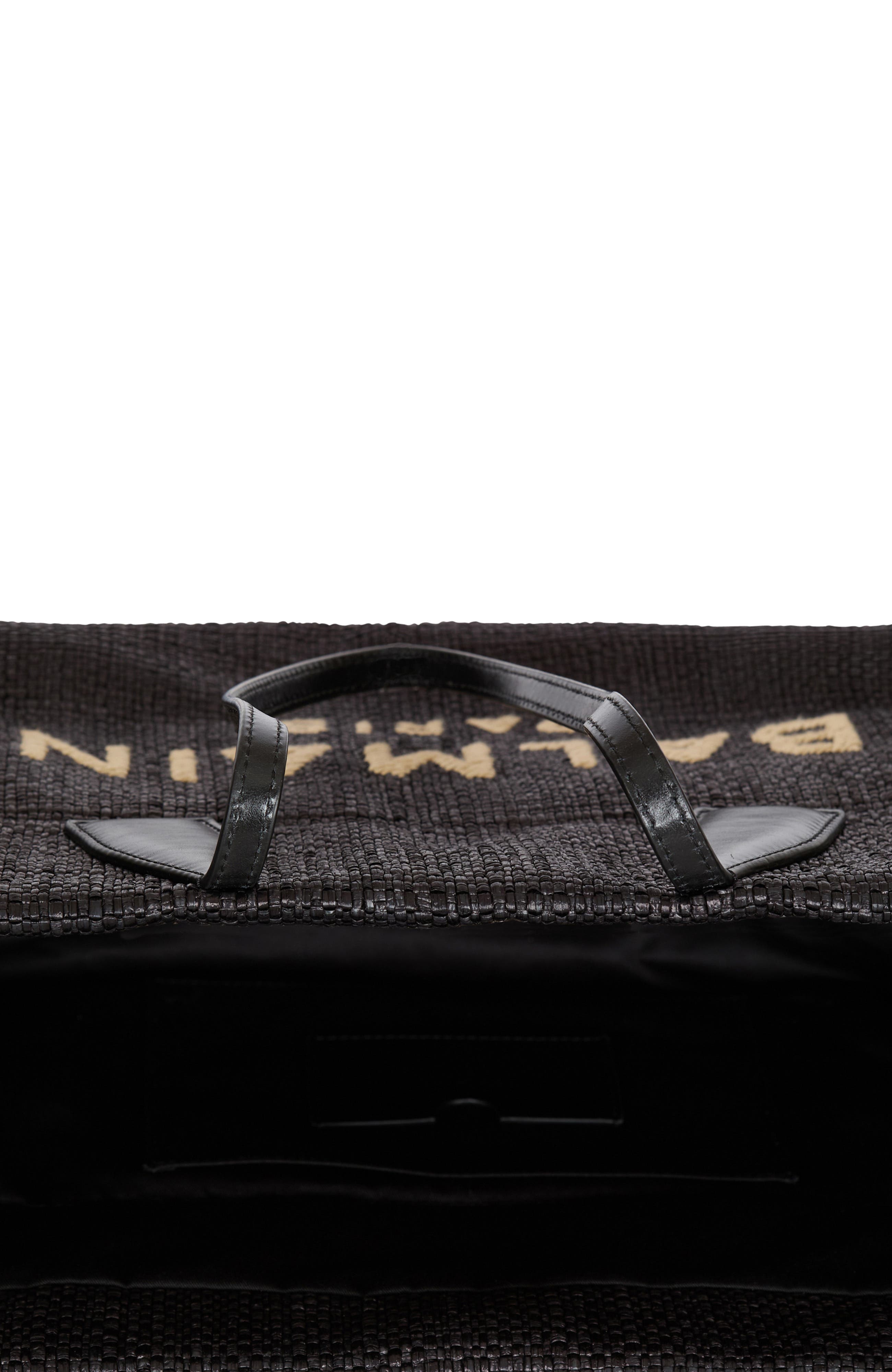 Balmain Track tote bag in raffia and calfskin, Alternate, color, Black