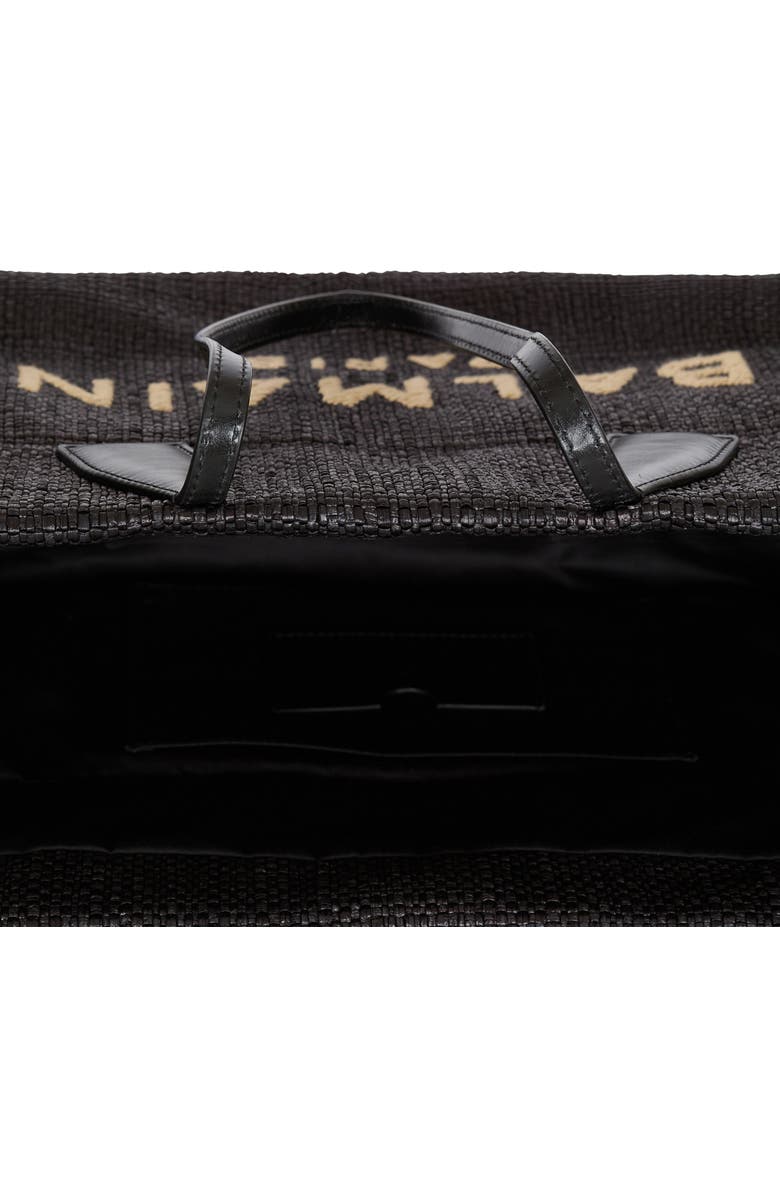 Balmain Track tote bag in raffia and calfskin, Alternate, color, Black