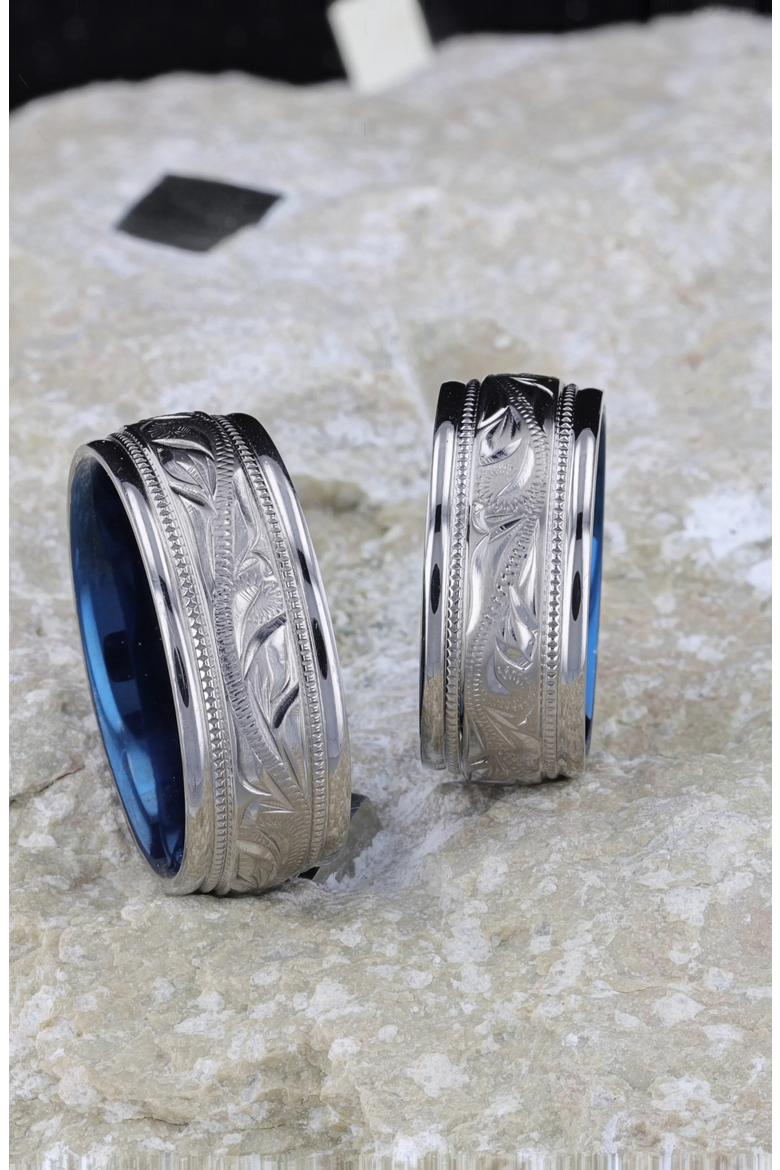 MARINER Titanium Milgrain Engraved Finish Wedding Ring, Alternate, color, Silver / Blue 8mm