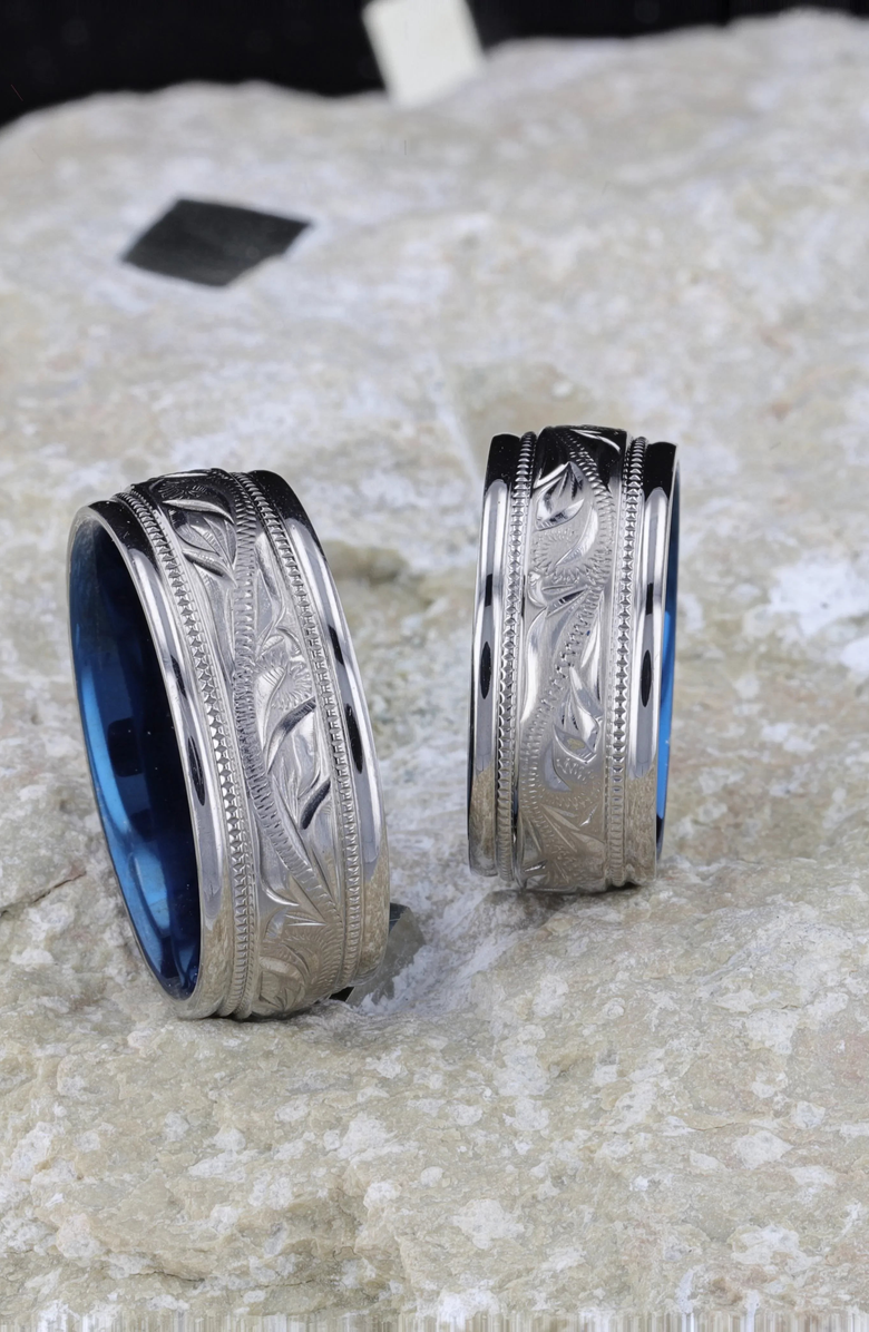 Larson Jewelers MARINER Titanium Milgrain Engraved Finish Wedding Ring, Alternate, color, Silver / Blue 8Mm