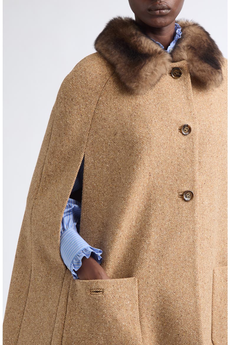 Textured Wool Blend Tweed Cape Coat, Alternate, color, BEIGE