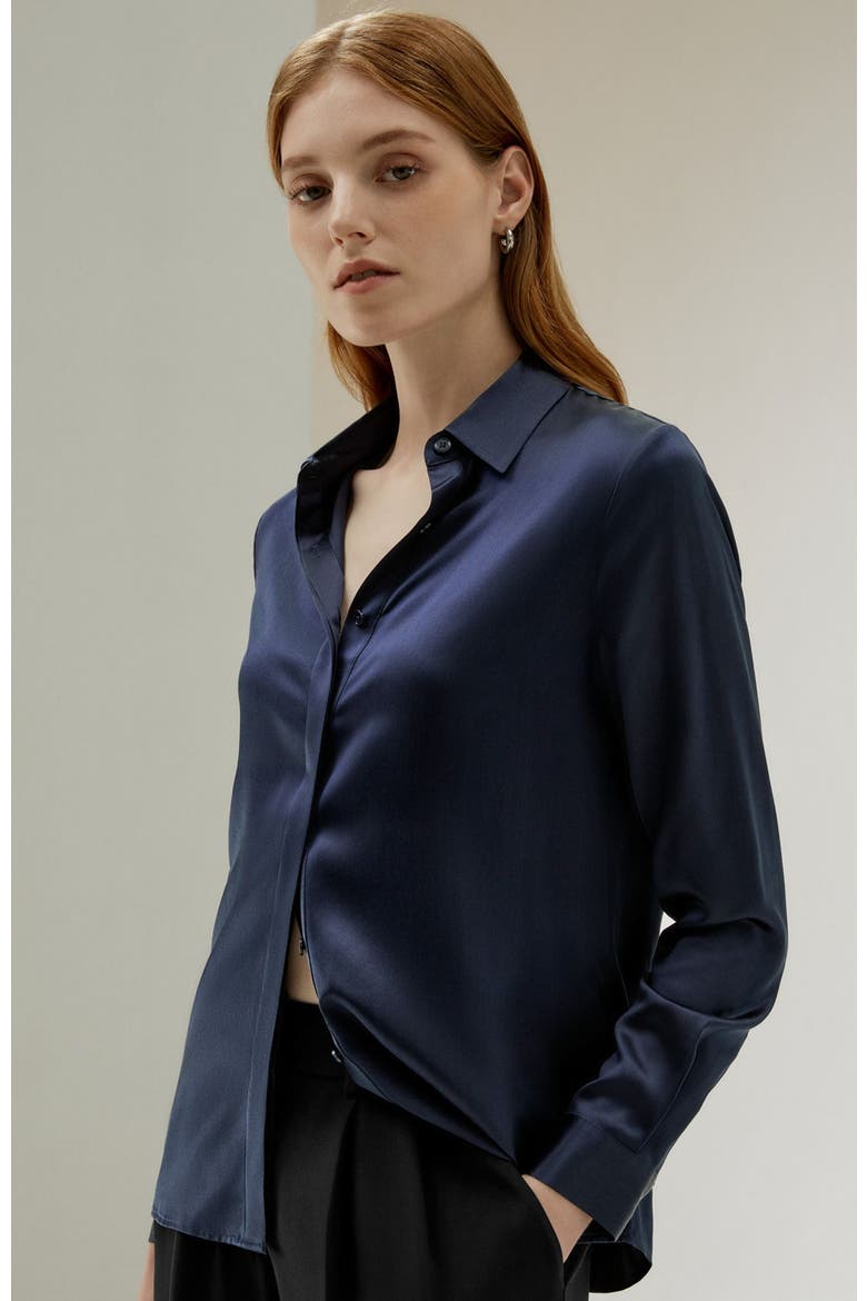 Women's Basic Concealed Placket Silk Shirt, Alternate, color, Navy blue
