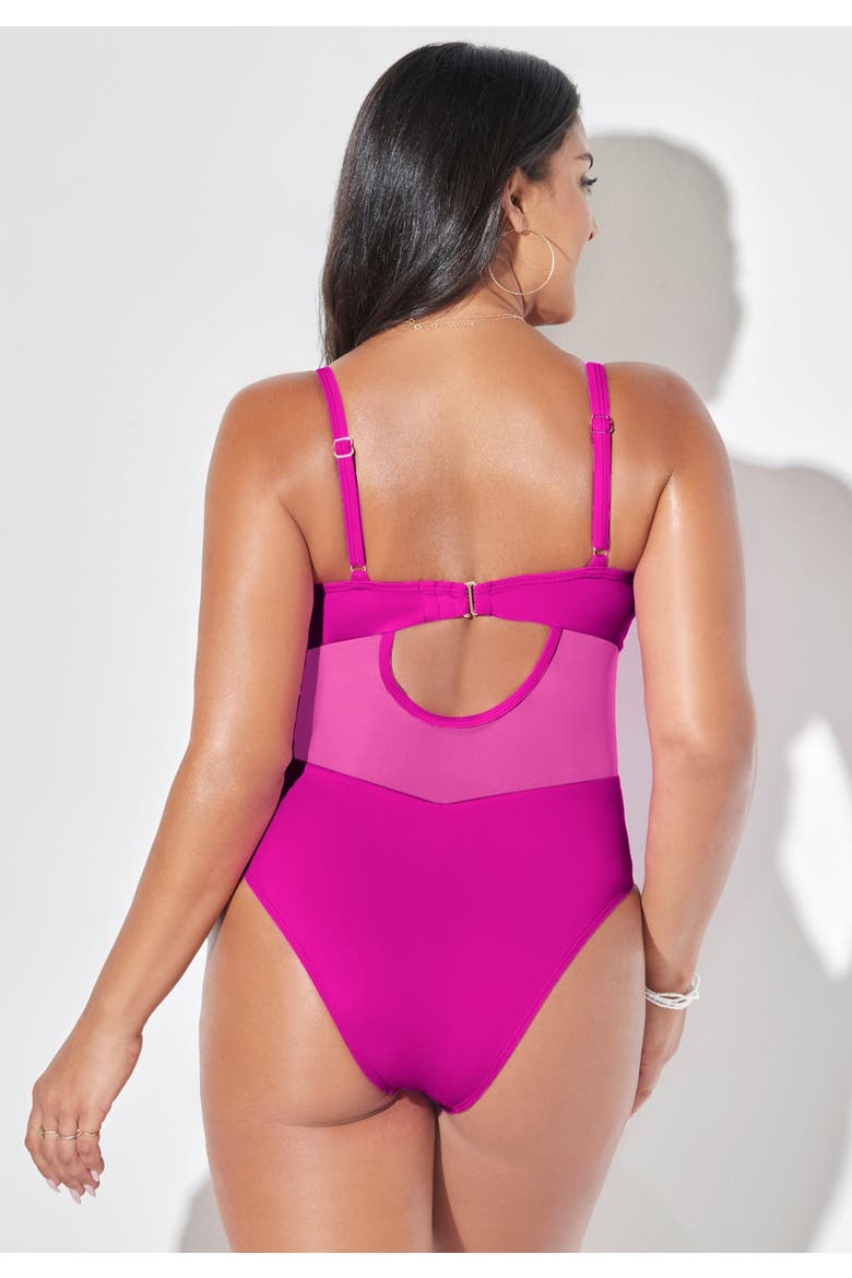 Cup Sized Mesh Underwire One Piece Swimsuit, Alternate, color, Fluorescent Pink