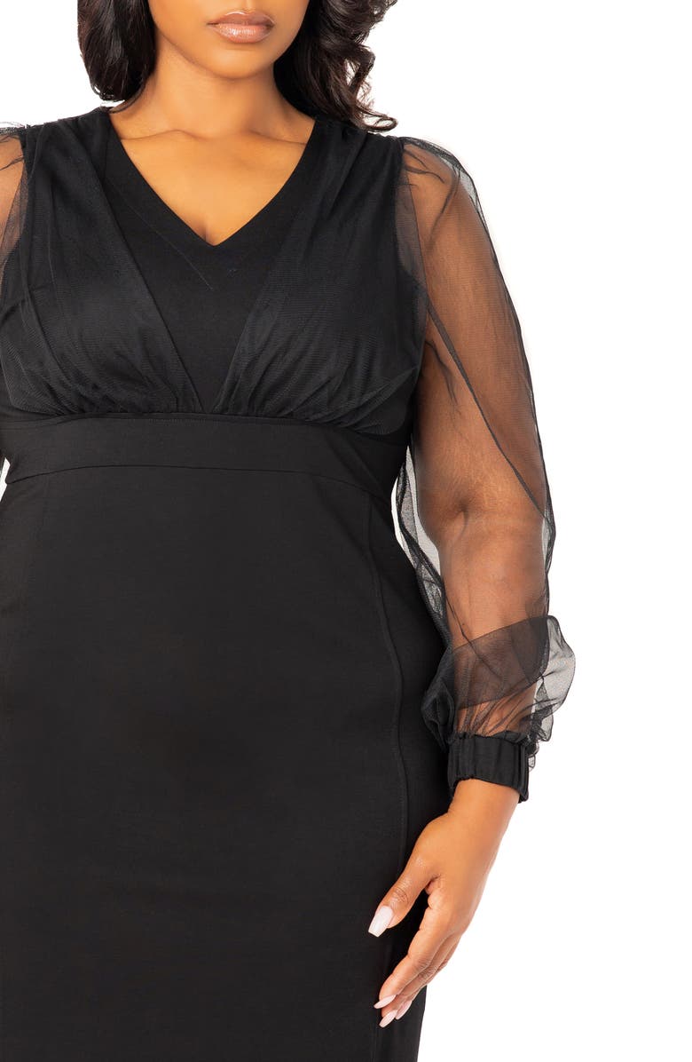 BUXOM COUTURE Tulle Long Sleeve Sheath Dress, Alternate, color, Black