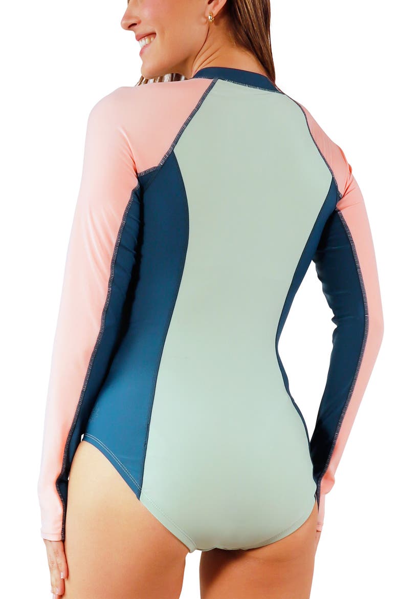 Long Sleeve Half Zip Swimsuit, Alternate, color, Frosty Green Colorblock