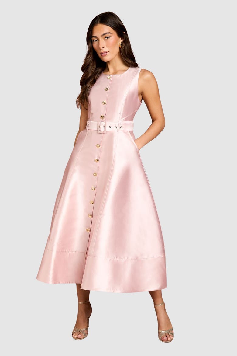 Button Through Belted A-Line Dress, Main, color, Blush