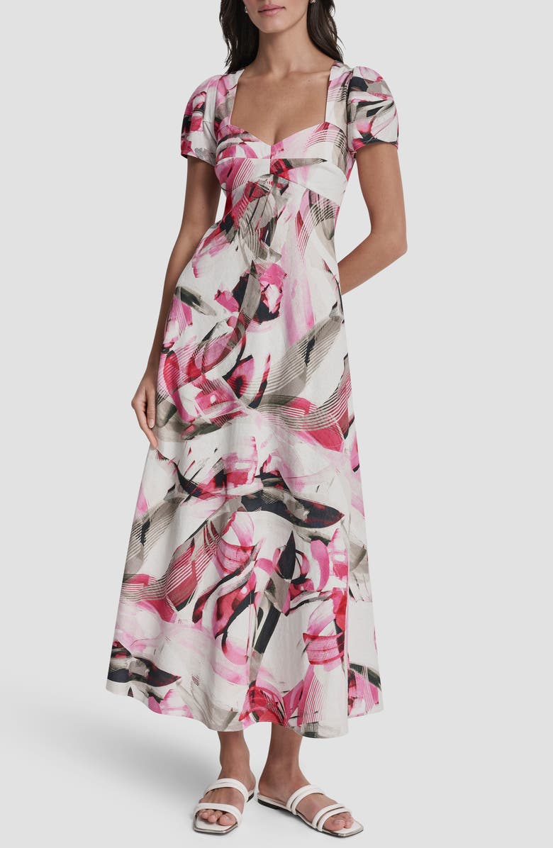 DKNY Print Short Sleeve Midi Dress, Main, color, Spring Wisps