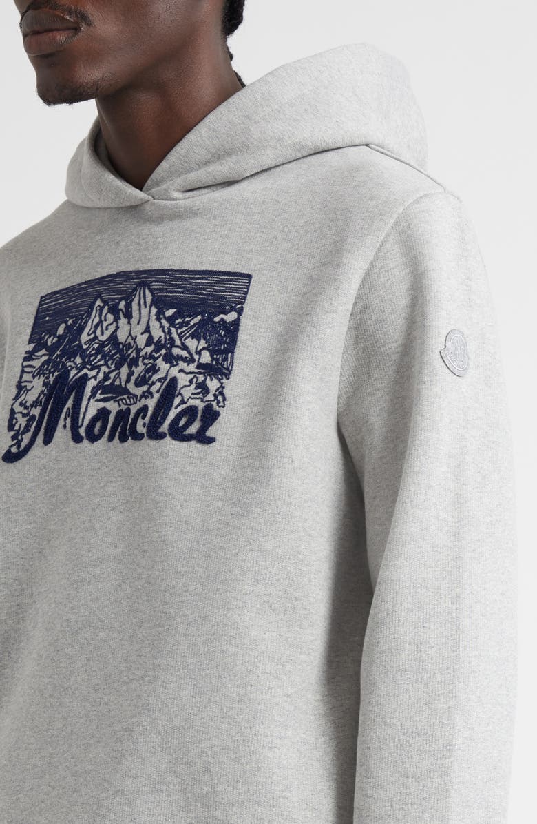 Moncler Embroidered Mountain Logo Cotton Hoodie, Alternate, color, Extra Light Gray Melange