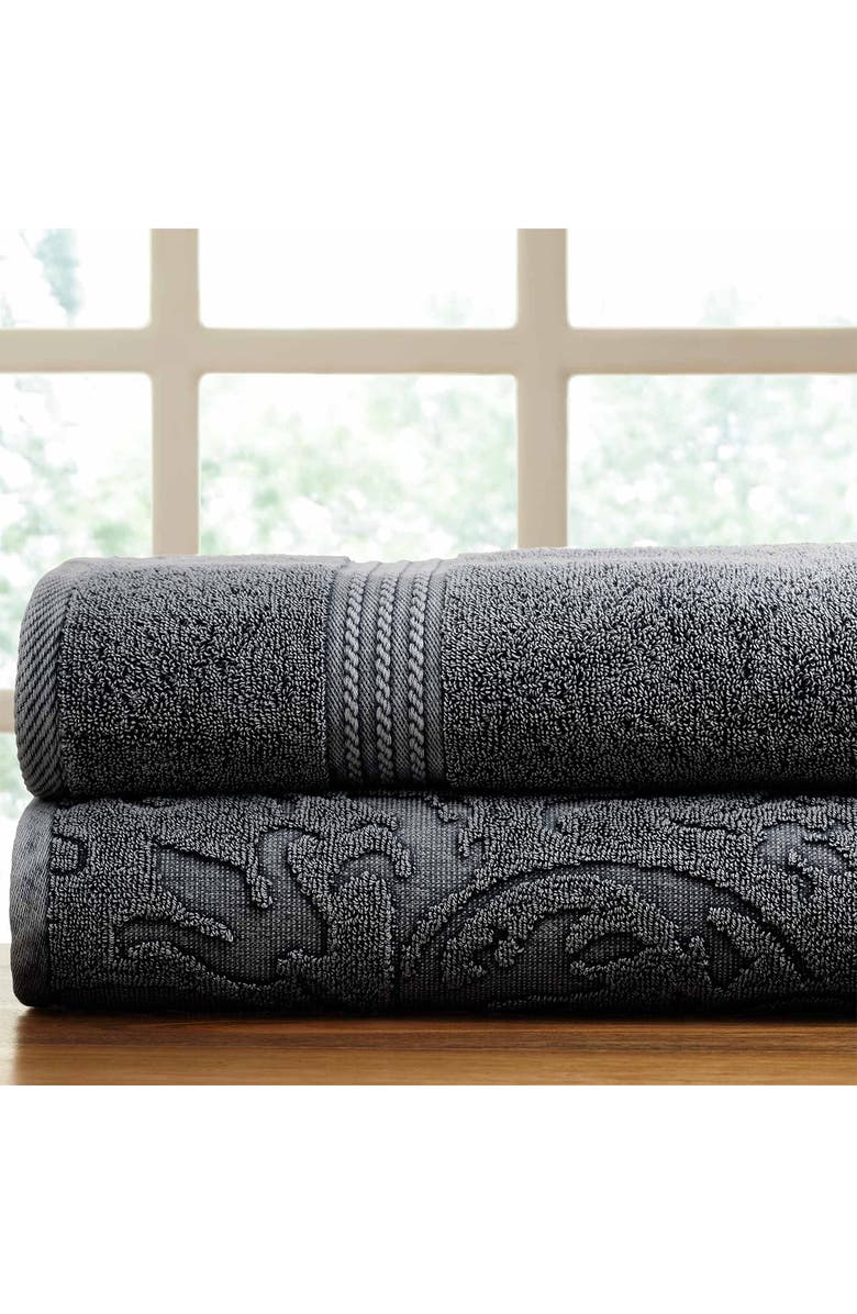Modern Threads Charcoal Filigree Leaf Denim Washed Bath Towel - Set of 2, Alternate, color,