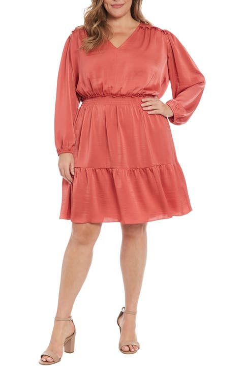Air Wash Smock Waist Long Sleeve Dress (Plus)