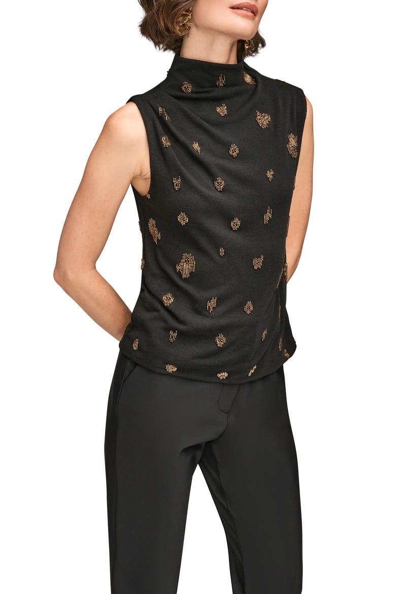 Embellished Ruched High Neck Sleeveless Knit Top, Alternate, color, BLACK