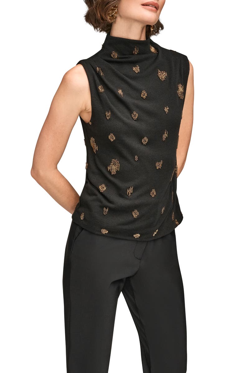Donna Karan New York Embellished Ruched High Neck Sleeveless Knit Top, Alternate, color, Black
