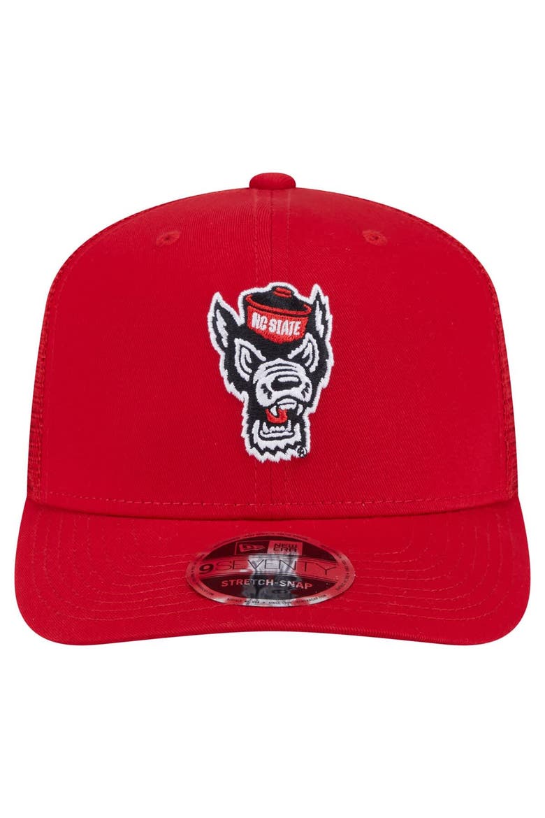 Men's New Era Red NC State Wolfpack Primary 9SEVENTY Trucker Stretch-Snap Hat, Alternate, color, Red