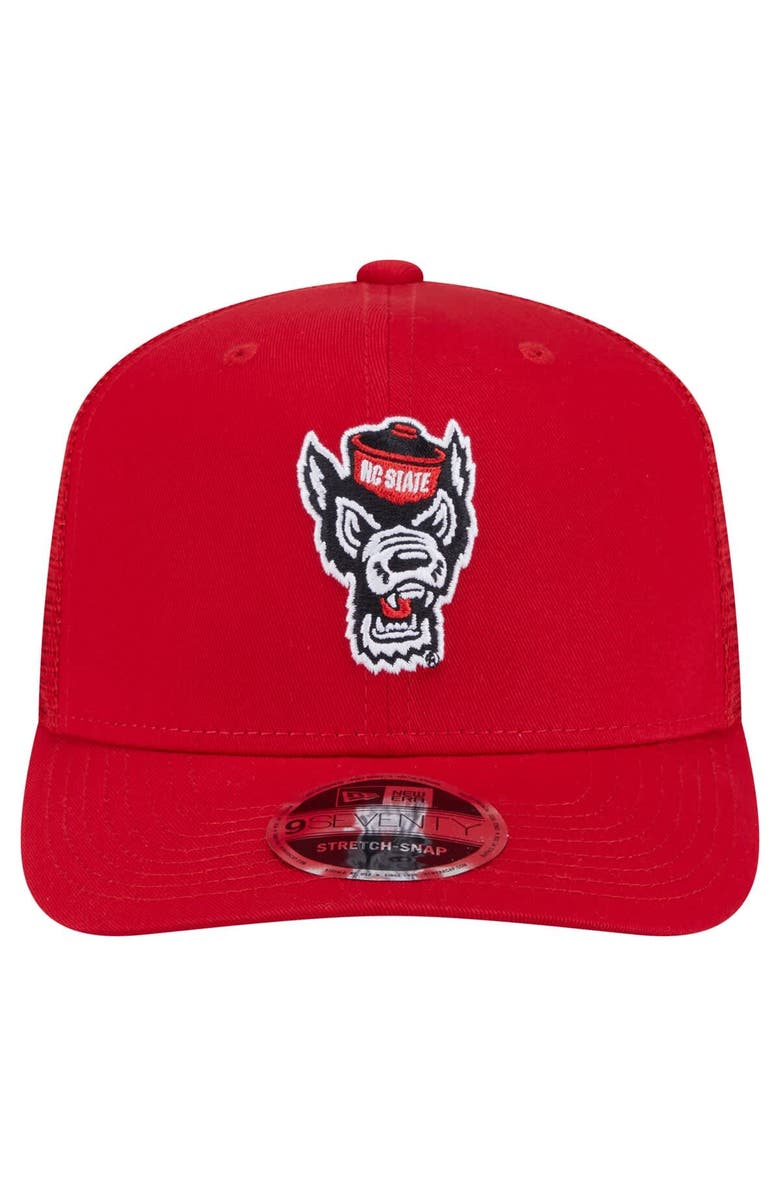 New Era Men's New Era Red NC State Wolfpack Primary 9SEVENTY Trucker Stretch-Snap Hat, Alternate, color, Red