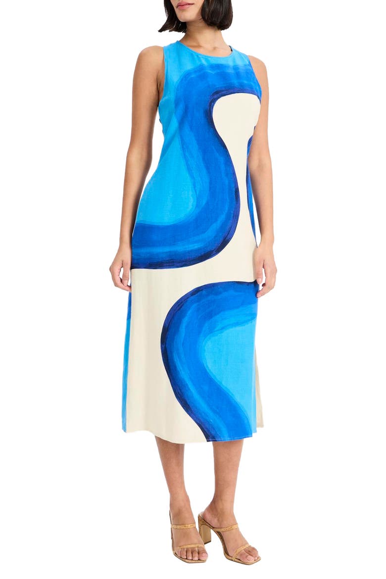 Sleeveless A-Line Midi Dress, Main, color, CREAM/ BLUE