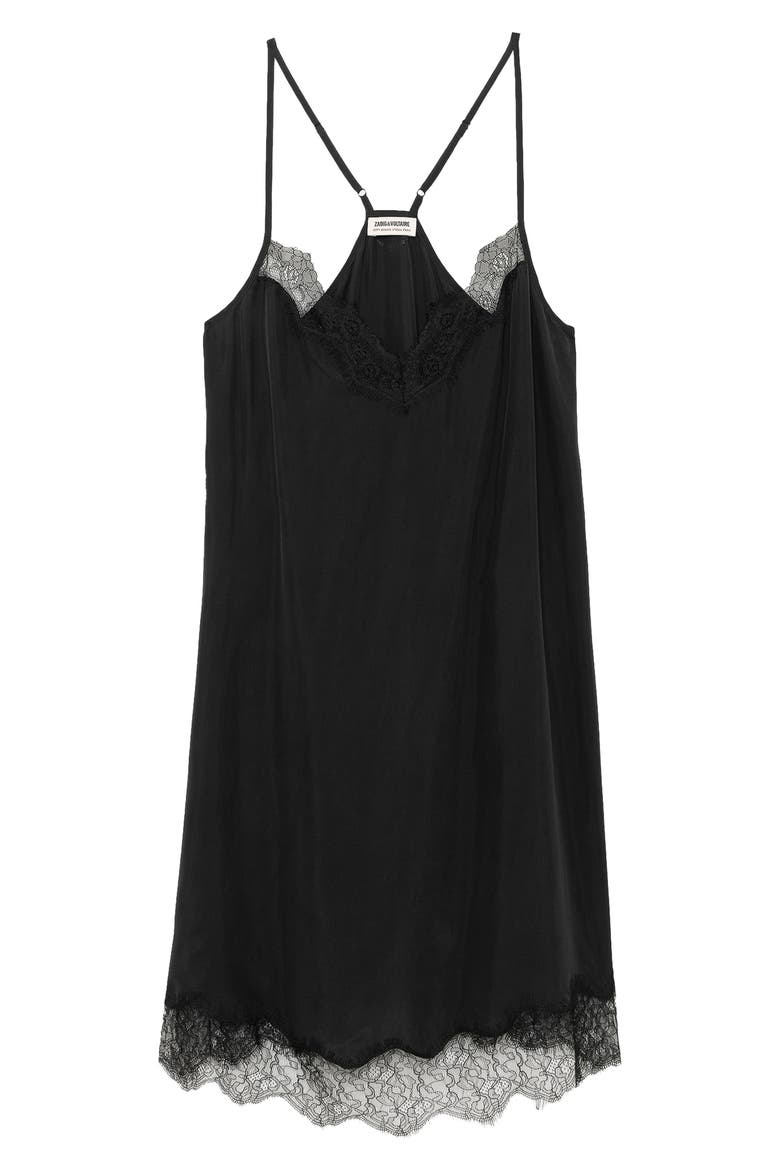 Respas Lace Trim Silk Slipdress, Alternate, color, BLACK