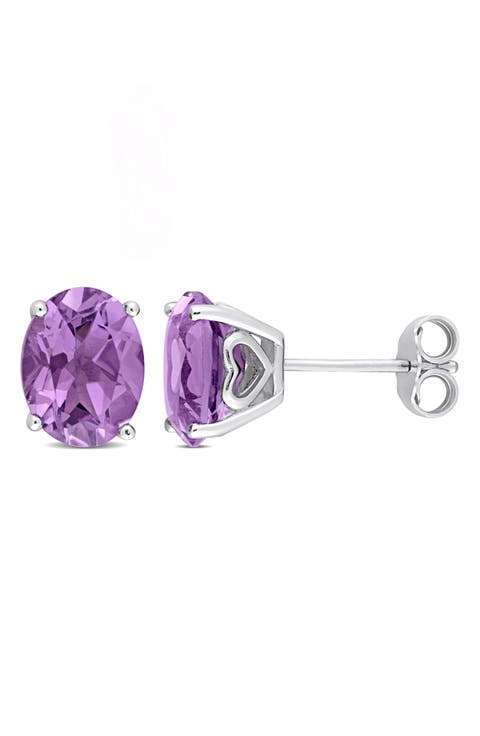 Sterling Silver Lab-Created Amethyst Oval Stud Earrings
