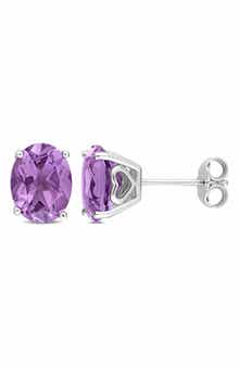DELMAR Sterling Silver Lab-Created Amethyst Oval Stud Earrings