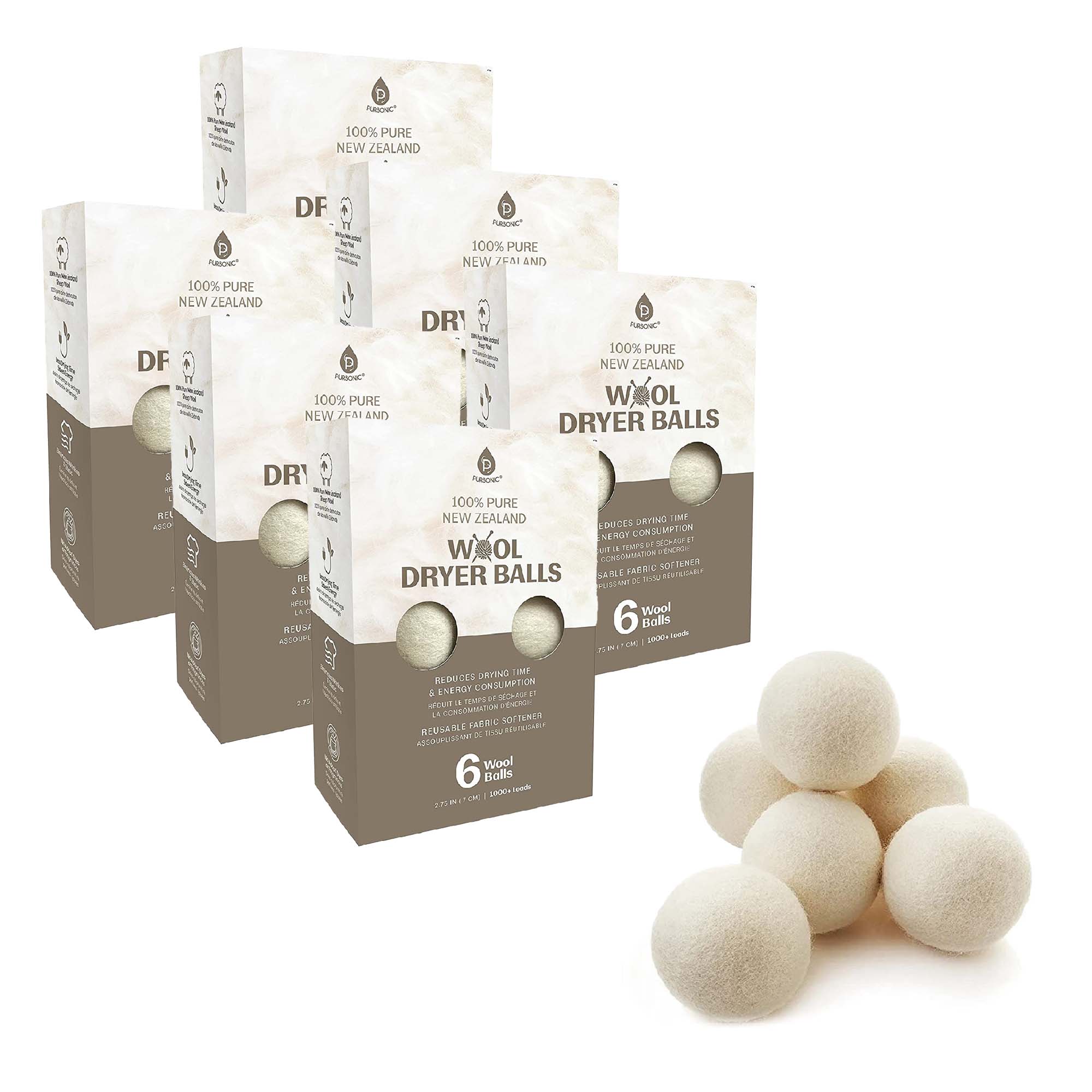 PURSONIC 100% Pure New Zealand Wool Dryer Balls - White