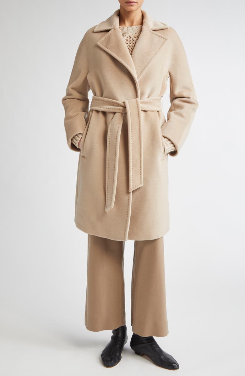 Max Mara Studio Scire Belted Virgin Wool Wrap Coat, Alternate, color, Beige