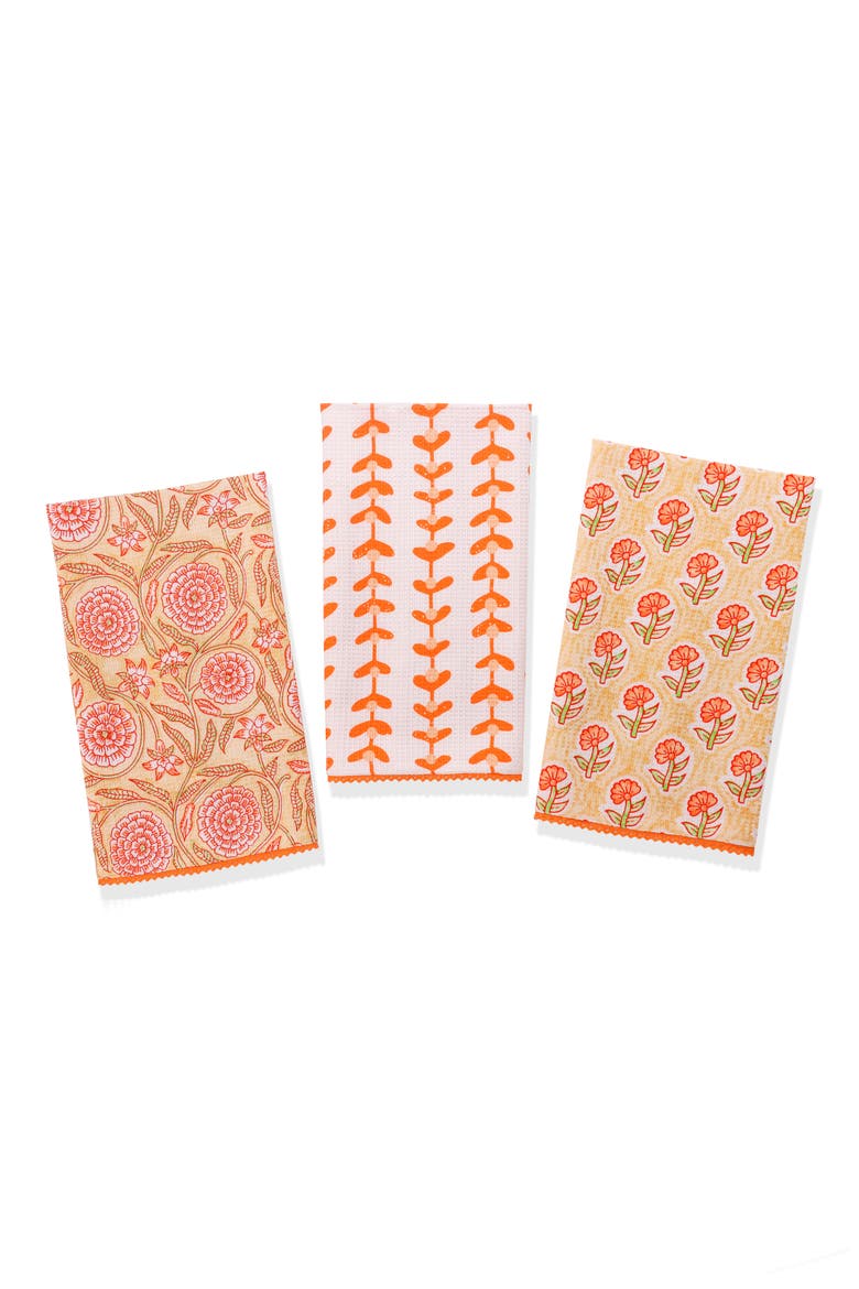 Set of Three Marigold Block Print Kitchen Towels, Main, color, TERRACOTTA/ PEACH