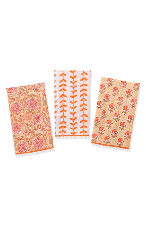 Set of Three Marigold Block Print Kitchen Towels