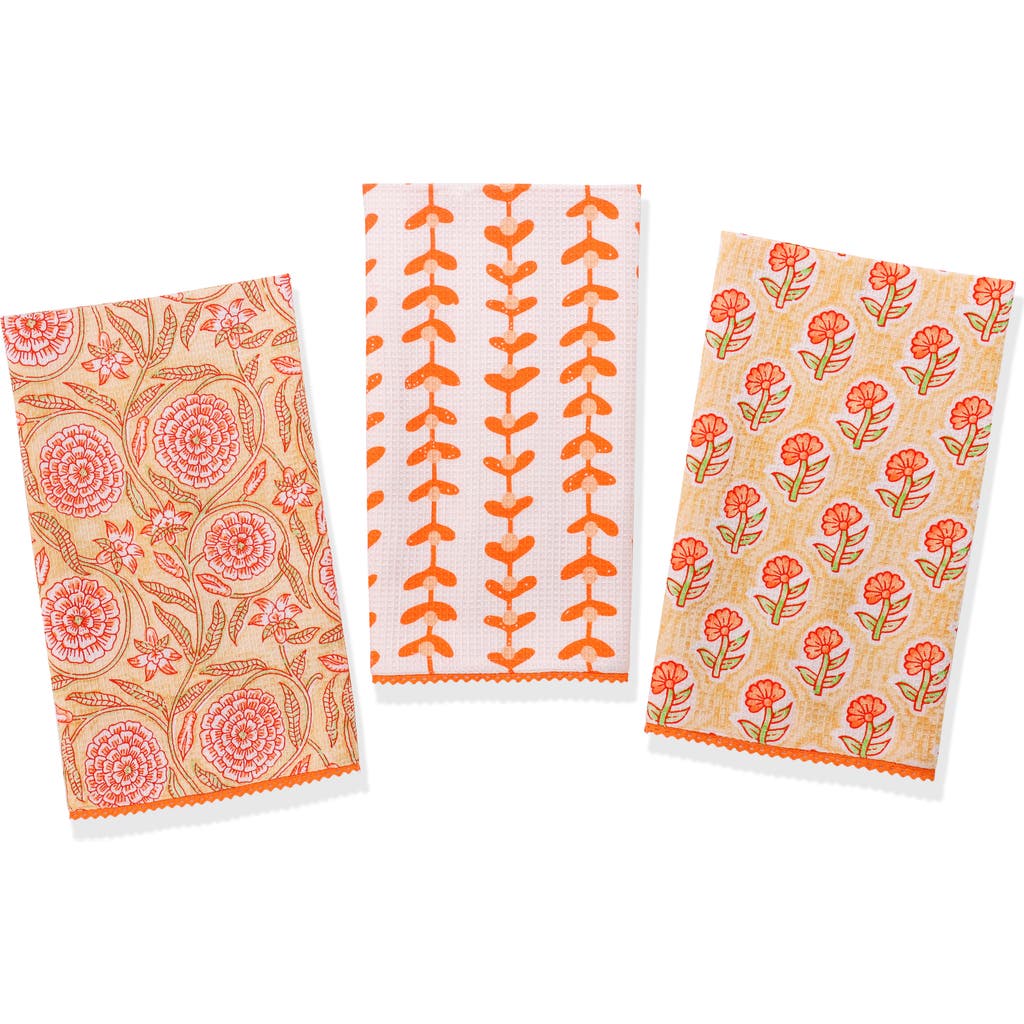 Tiramisu Marigold Block Print Cotton Kitchen Towel Set In Brown